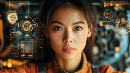 Poster - asian female mechanic performing automobile repair under car hood using holographic vehicle diagnost