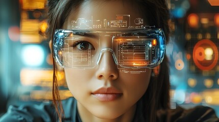 Poster - asian female mechanic performing innovative car repair using holographic blueprints and vehicle diag
