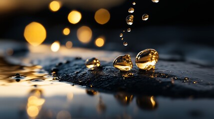Poster - raindrops glistening on a dark surface create a mesmerizing evening ambiance with golden highlights
