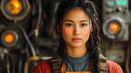 Poster - asian female mechanic utilizing holographic displays to troubleshoot and diagnose car problems in a 