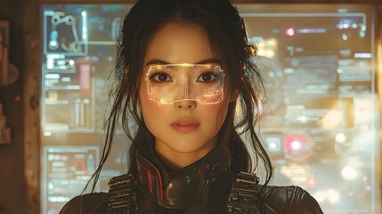 Poster - portrait of an asian female mechanic holding a holographic tool in a modern auto repair shop with ho