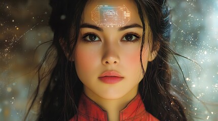 Poster - portrait of an asian female mechanic holding a holographic tool while working in a modern high tech 