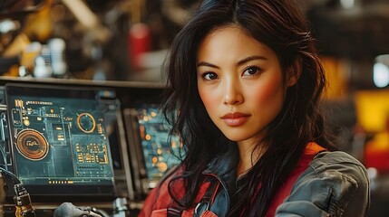 Poster - portrait of an asian female mechanic examining a car engine with holographic screens displaying real
