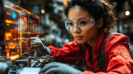 Poster - asian female mechanic closely examining the engine of a car while holographic screens display real t