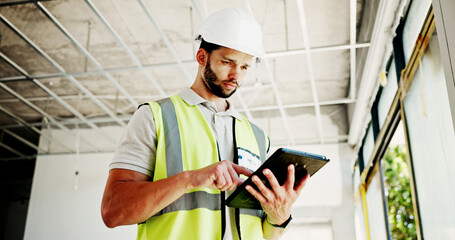 Poster - Construction site, thinking and man with tablet, typing and network with online schedule. Person, architecture and employee with hard hat, tech and connection with digital app and problem solving