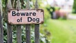 © styloo - Rusted 'Beware of Dog' sign on weathered wooden fence.
