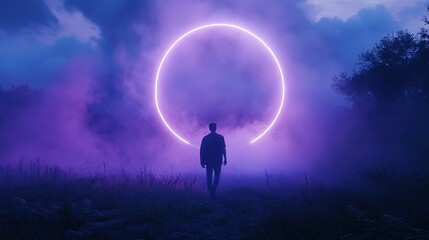 Poster - neon circle glowing fog atmospheric background, purple and blue colors, dreamlike scenery, mystical aura with clouds, abstract light concept, serene nighttime ambiance characters, 8k