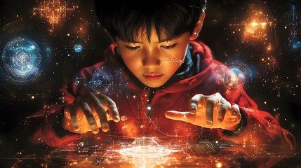 Poster - talented asian boy building an advanced robot while surrounded by holographic schematics diagrams an