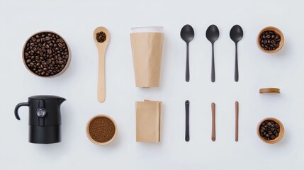 Leinwandbilder - Coffee beans and tools are arranged neatly, showcasing cups, spoons, and a coffee maker, perfect for a brewing setup with ample copy space. Generative AI