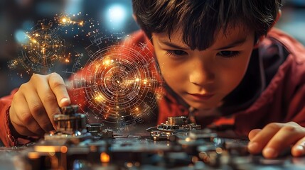Poster - portrait of an asian boy constructing a robot using futuristic hologram projections of robotic schem