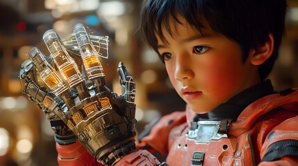 Poster - asian boy assembling robot arm with holographic tools and instructions showcasing the future of robo