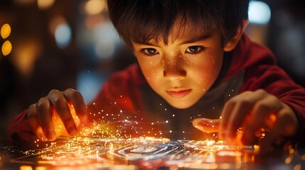 Poster - Asian boy working on robot circuits while a holographic display provides real time data leaving copy space for content on futuristic education