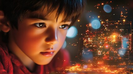 Poster - curious asian boy assembling advanced robotic device using futuristic hologram technology for learni