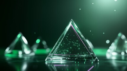 Poster - crystal pyramids illuminated by green light amidst a shimmering background in a contemporary setting