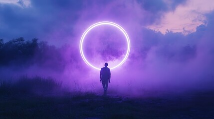 Poster - neon circle glowing fog atmospheric background, purple and blue colors, dreamlike scenery, mystical aura with clouds, abstract light concept, serene nighttime ambiance characters, 8k