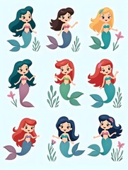 Wall Mural - Set of cute happy mermaids in cartoon character style