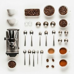 Leinwandbilder - Coffee beans are elegantly arranged with cups, spoons, and a coffee maker, creating a serene coffee preparation atmosphere with room for text. Generative AI