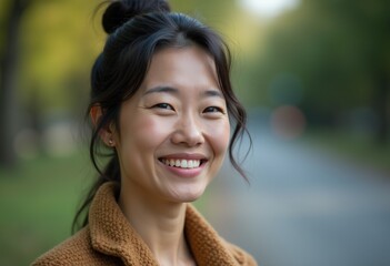 Wall Mural - A young woman with dark hair smiles warmly in a brown sweater.