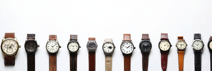 Aufkleber - A diverse collection of wristwatches laid out neatly, featuring various designs and bands on a clean, bright surface. Generative AI