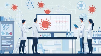 Poster - Scientists Collaborating on Innovative Biotechnology Research in a Laboratory Setting with Data and Graphics