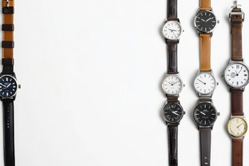 Aufkleber - Several wristwatches with different designs and colors arranged for visual appeal, featuring leather and metal straps against a plain background. Generative AI