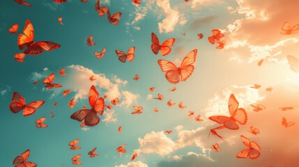 Wall Mural - Orange butterflies swarm in a vibrant sunset sky.