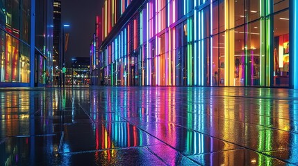 Poster - Night street reflection, vibrant neon lights, wet pavement, urban scene with colorful lights shining on the ground creating a visually stunning effect, 8k