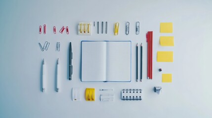 Poster - Colorful office supplies including pens, pencils, and sticky notes are neatly arranged around an empty notebook, perfect for ideas and tasks. Generative AI