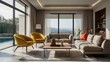 © Erandi - Minimalist Modern Living Room with Vibrant Multicolored Armchairs