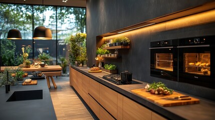 Wall Mural - modern kitchen with built in oven and wooden furnitur