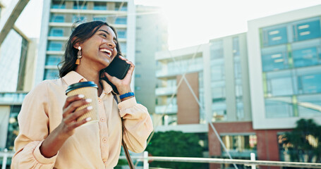 Poster - Happy, business woman and phone call with coffee in city for communication, conversation or chat. Female person, employee or traveler with smile on mobile smartphone for online discussion in town