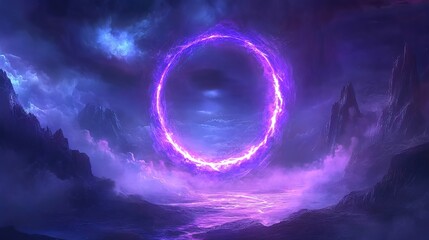 Poster - neon circle glowing fog atmospheric background, purple and blue colors, dreamlike scenery, mystical aura with clouds, abstract light concept, serene nighttime ambiance characters, 8k