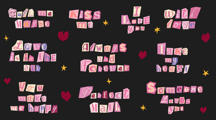 Aufkleber - Collection of love lettering. Anonymous letters cut from magazines. Cuts from newspaper. Letters on pieces of paper in different colors. Retro grunge criminal alphabet set. Valentine's day message