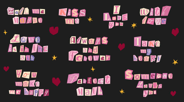 Collection of love lettering. Anonymous letters cut from magazines. Cuts from newspaper. Letters on pieces of paper in different colors. Retro grunge criminal alphabet set. Valentine's day message