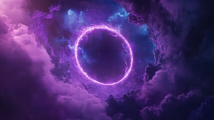 Poster - neon circle glowing fog atmospheric background, purple and blue colors, dreamlike scenery, mystical aura with clouds, abstract light concept, serene nighttime ambiance characters, 8k