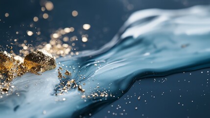 Poster - shimmering gold flakes mix with flowing blue liquid in an artistic composition showcasing luxury and