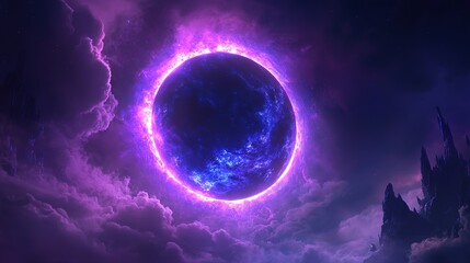 Poster - neon circle glowing fog atmospheric background, purple and blue colors, dreamlike scenery, mystical aura with clouds, abstract light concept, serene nighttime ambiance characters, 8k