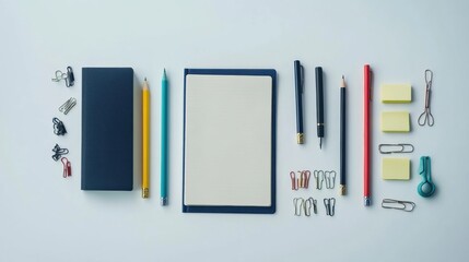 Poster - Various office supplies are neatly arranged with a notebook and ample copy space for notes or creative ideas, ideal for organization. Generative AI