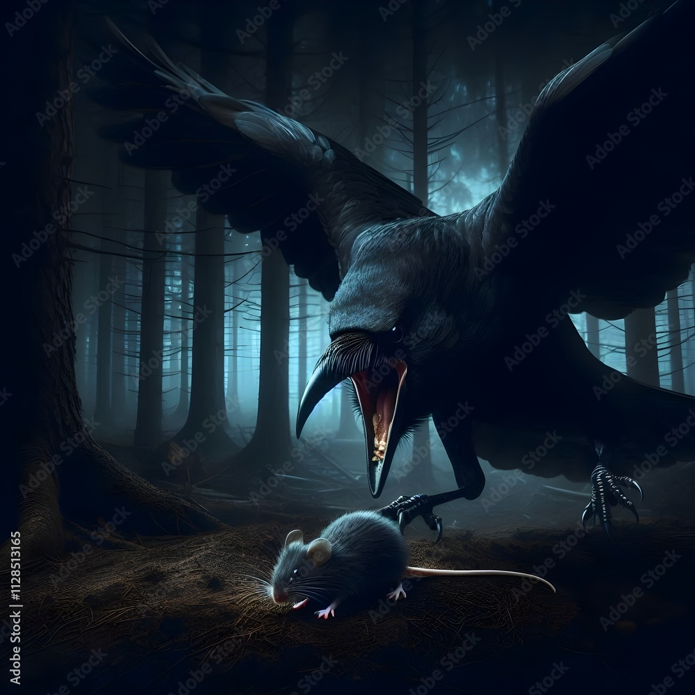 Crow Mouse an angry black crow is preying on a small mouse, the background in the ...