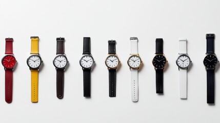 Poster - Different styles of wristwatches are arranged neatly on a clean surface, offering a stylish selection for watch enthusiasts and potential buyers. Generative AI