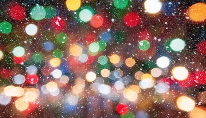 Aufkleber - Festive blurred Christmas lights in vibrant red, green, and yellow hues with delicate falling snowflakes, perfect for holiday greeting cards, New Year party invites, winter celebration banners