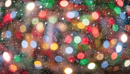 Aufkleber - Festive blurred Christmas lights in vibrant red, green, and yellow hues with delicate falling snowflakes, perfect for holiday greeting cards, New Year party invites, winter celebration banners