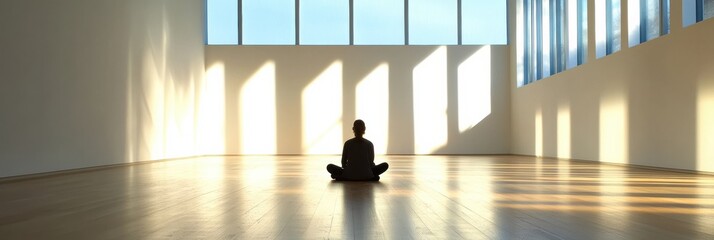 Poster - A solitary person sits cross-legged on the gallery floor, bathed in sunlight from large windows, creating a serene atmosphere. Generative AI