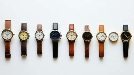 Aufkleber - A diverse array of wristwatches is displayed in a linear fashion, featuring different styles and strap materials against a clean background. Generative AI
