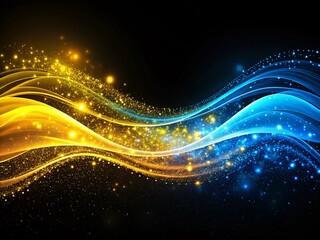 Poster - Abstract Background with Radiant Yellow and Blue Glowing Waves and Particles on Black Canvas, Perfect for Visual Projects, Presentations, and Digital Artworks