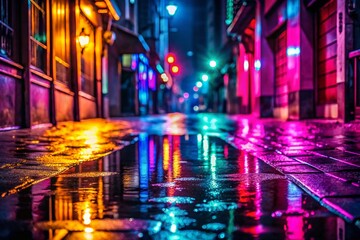 Poster - Abstract Background with Vibrant Neon Hues and Reflections on a Wet Street in a Dark, Enigmatic City Alley – Perfect for Creative Projects and Visual Storytelling