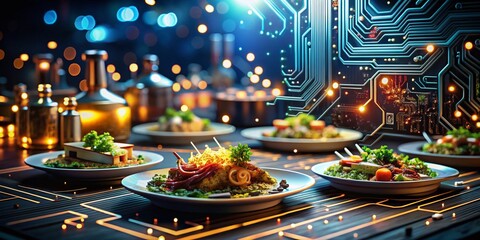 Poster - Abstract Circuit Board with Glowing Lights: A Stunning Blend of Technology and Art, Perfect for Showcasing Innovation, Digital Future, and Modern Design Aesthetics in Food Photography