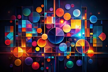 Poster - Abstract Geometric Art in Vibrant Colors with Circles, Squares, and Lines Set Against a Dark Background for Stunning Night Photography Effects
