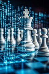 Poster - White Chess King On Digital Chessboard, Binary Code Overlay, Concept Of Leadership In Technology