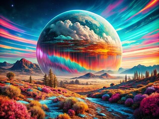 Poster - Abstract Glitch Art on a Planet: A Surreal Journey Through Distorted Landscapes, Vibrant Colors, and Futuristic Elements Captured in a Cosmic Setting of Technological Chaos